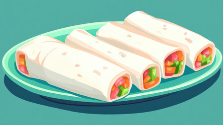 Enjoy a plate of vibrant wraps filled with fresh vegetables and creamy dressing, perfect for casual dining, picnics, and healthy meal ideas.の素材