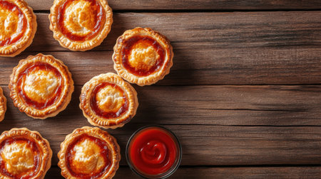 Indulge in these delicious savory pastry tarts filled with rich tomato sauce, perfectly baked on a rustic wooden surface, ideal for any gathering.の素材