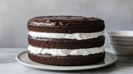 This beautiful three-layer chocolate cake features rich ganache and a light cream filling. Ideal for special occasions or a delightful dessert at home.の素材