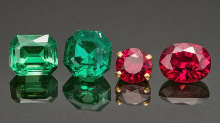 This image showcases a stunning collection of emerald and ruby gemstones, each cut beautifully to highlight their unique shapes and vivid colors.の素材