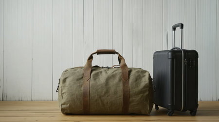 Discover the perfect blend of vintage and modern with this duffle bag and suitcase combination, ideal for all your travel adventures and weekend getaways.の素材