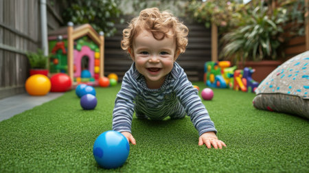 A joyful toddler crawls across vibrant artificial grass, surrounded by colorful toys in a playful outdoor play area, showcasing happiness and curiosity.の素材