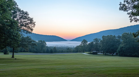 A stunning view of a misty valley at sunrise, framed by majestic mountains. The vibrant colors of dawn fill the sky, creating a serene atmosphere.の素材