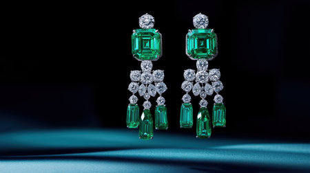 Discover the breathtaking beauty of these emerald and diamond earrings, featuring intricate design and luxurious details that catch the light beautifully.の素材