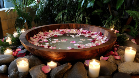 A beautifully crafted wooden bath filled with petals and surrounded by soft glowing candles, creating a peaceful and tranquil indoor spa atmosphere for relaxation.の素材