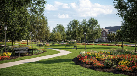 A beautiful park scene showcasing vibrant flowerbeds and lush greenery, inviting benches along a winding path, perfect for relaxation and recreation.の素材