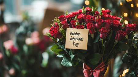 A vibrant bouquet of red roses stands elegantly with a "Happy Valentine's Day" card. This romantic arrangement symbolizes love and celebration in a charming floral shop.の素材