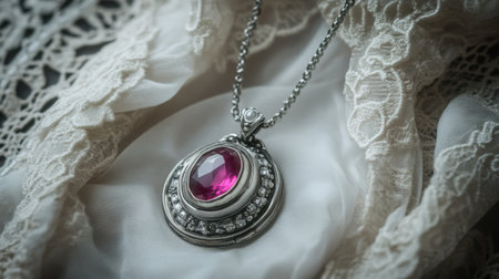 A captivating image of a vintage silver necklace featuring a striking pink gemstone, elegantly displayed on delicate lace, perfect for jewelry enthusiasts.の素材
