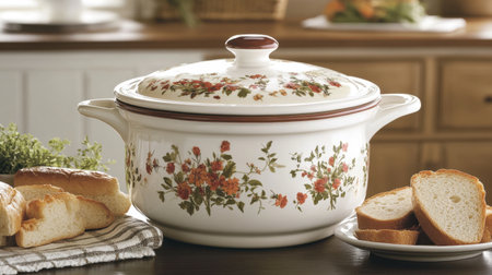 A beautiful ceramic serving dish adorned with floral designs, perfect for presenting meals, accompanied by freshly sliced bread on a rustic kitchen table.の素材