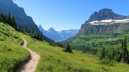 A stunning mountain trail meanders through vibrant greenery, showcasing breathtaking landscapes under a clear blue sky. Perfect for outdoor enthusiasts.の素材