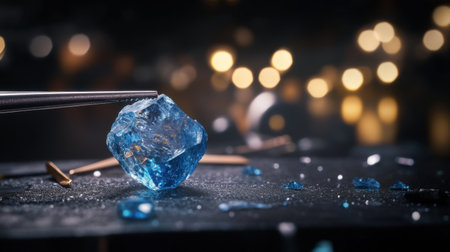 An exquisite close-up of a radiant blue gemstone held by tweezers, showcasing its intricate details and clarity against a vibrant bokeh background.の素材