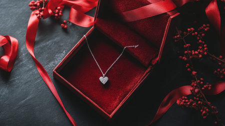 This elegant heart-shaped necklace is beautifully displayed in a luxurious red velvet box, surrounded by red ribbons and berries, perfect for gifting and romantic occasions.の素材