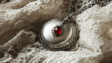 Close-up of an exquisite silver locket adorned with a ruby gemstone, resting gently on intricate lace fabric, evoking romance and vintage charm.の素材