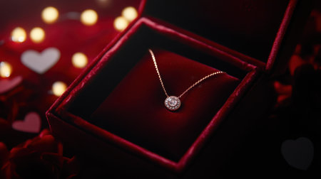 This enchanting image features a delicate necklace displayed in a luxurious velvet box, surrounded by soft lights and romantic accents, ideal for gifts.の素材