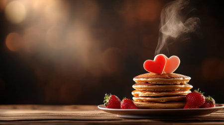 A delightful stack of pancakes topped with heart-shaped decorations and surrounded by fresh strawberries, exuding warmth and love. Perfect for breakfast!の素材