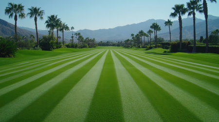 Captivating view of a perfectly manicured green lawn featuring distinct striped patterns. Lush palm trees line the landscape, creating a serene outdoor space.の素材