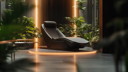 This image showcases a sleek modern lounge chair in a tranquil indoor environment, surrounded by vibrant greenery and soft lighting.の素材