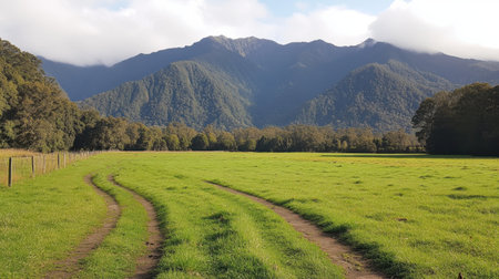 A stunning view of a lush green field leads to majestic mountains under a partially cloudy sky. This peaceful rural scene invites exploration and relaxation.の素材