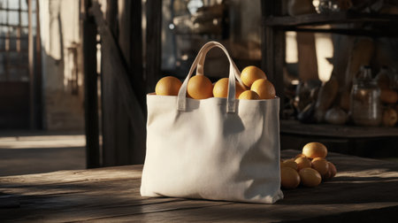 A white tote bag overflowing with fresh oranges sits on a rustic wooden table, illuminated by warm sunlight, creating a vibrant and inviting atmosphere.の素材