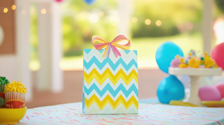 A colorful gift bag featuring a cheerful chevron pattern sits on a table, enhancing the festive atmosphere of an outdoor party setting. Perfect for celebrations.の素材