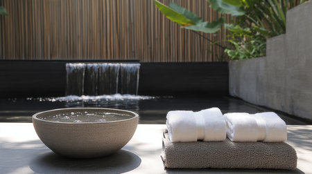 Discover a serene spa environment featuring a tranquil water fountain and neatly arranged soft towels, perfect for promoting relaxation and wellness.の素材