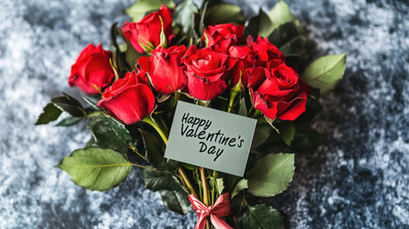 A stunning bouquet of red roses elegantly arranged with a greeting card that says "Happy Valentine's Day," perfect for expressing love and appreciation.の素材