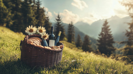 A charming picnic basket filled with wine, fresh bread, and vibrant sunflowers, set against a breathtaking mountain landscape. Perfect for outdoor enjoyment.の素材
