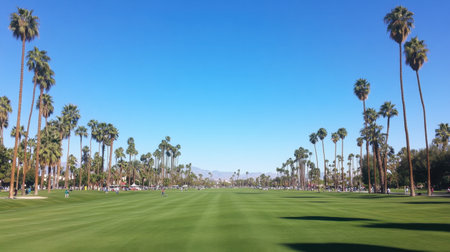 A stunning view of a wide, green landscape framed by tall palm trees and bathed in sunlight under a clear blue sky, inviting outdoor enjoyment.の素材