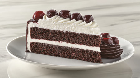 A slice of rich chocolate layer cake featuring smooth whipped cream, garnished with bright cherries, perfect for any festive occasion or celebration.の素材