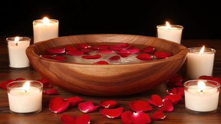This tranquil image features a wooden bowl filled with water and rose petals, surrounded by softly glowing candles, enhancing a serene atmosphere perfect for relaxation.の素材