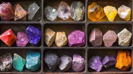 A captivating array of raw crystals and minerals showcased in rustic metal trays, highlighting diverse shapes and vibrant colors, perfect for educational or artistic inspiration.の素材