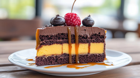 A beautifully served slice of layered chocolate cake featuring vibrant yellow filling, topped with fresh raspberry and chocolate, perfect for dessert lovers.の素材