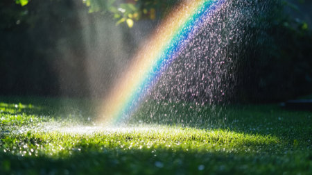 A stunning rainbow arcs gracefully over a lush green lawn. Sunlight creates a mesmerizing display of colors through the water droplets, illuminating the scene.の素材