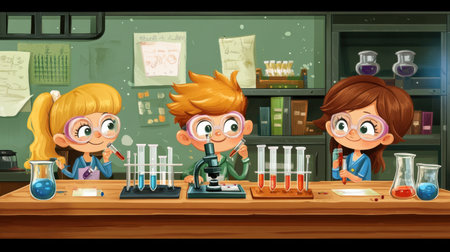 Three children conduct a vibrant science experiment in a playful classroom. Engaged with test tubes and a microscope, they explore their curiosity.の素材