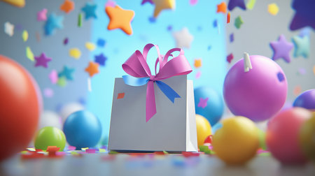 A vibrant gift bag sits at the center, adorned with a pink ribbon, surrounded by colorful balloons and festive decorations, creating a joyful party atmosphere.の素材