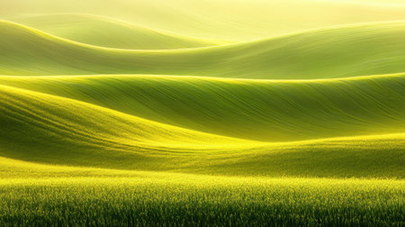 This captivating image showcases serene rolling hills in vibrant green hues, illuminated by the soft light of dawn, evoking a sense of tranquility and beauty.の素材