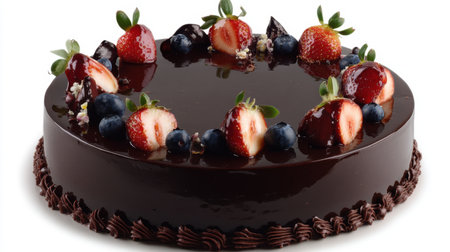 A stunning round chocolate cake adorned with fresh strawberries and blueberries, covered in a glossy glaze, ideal for celebrations, parties, or sweet cravings.の素材