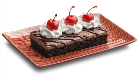 A tempting slice of chocolate layer cake topped with whipped cream and cherries, presented on a decorative plate, perfect for any dessert lover's celebration.の素材