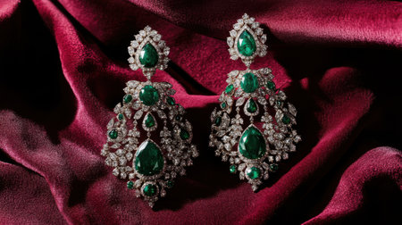 Stunning emerald and diamond earrings displayed elegantly on a rich red velvet background, showcasing opulence and exquisite craftsmanship. Perfect for fashion enthusiasts.の素材