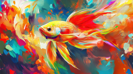 An enchanting goldfish glides through an abstract world filled with vibrant colors and dynamic swirls, capturing the essence of movement and beauty.の素材