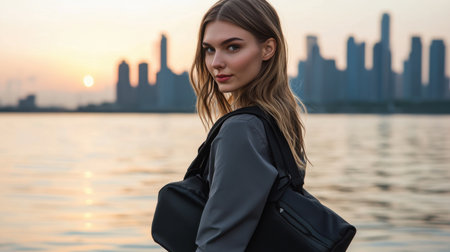 A young woman stands by the waterfront, showcasing a chic bag, as the sun sets over the city skyline, exuding confidence and urban elegance.の素材