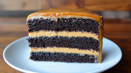 A tantalizing slice of chocolate cake featuring layers of soft cake and luscious caramel frosting, perfect for dessert lovers and celebrations.の素材