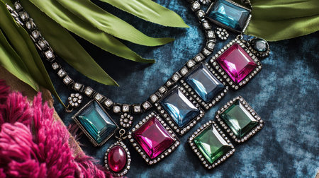 A striking statement necklace adorned with colorful gemstones and intricate silver detailing, beautifully displayed against a rich fabric background.の素材