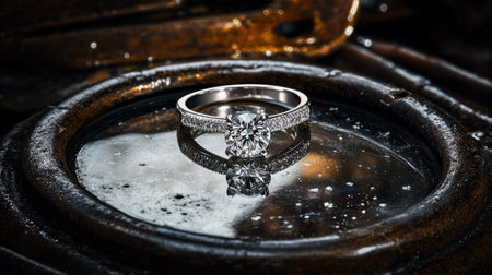 This stunning diamond engagement ring shines beautifully on a reflective surface, surrounded by a vintage backdrop. Its exquisite design captures elegance.の素材