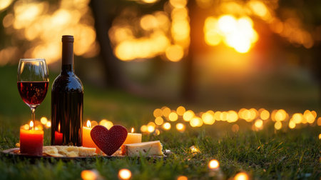 A romantic picnic scene featuring a bottle of wine, cheese, and candles arranged beautifully on a grassy area during sunset, perfect for couples.の素材