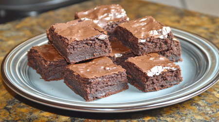 A tempting arrangement of freshly baked chocolate brownies on a silver plate, showcasing fudgy goodness, perfect for dessert lovers.の素材