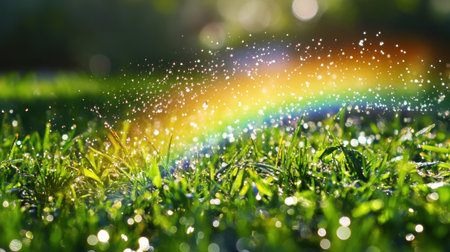 A stunning rainbow arches gracefully above lush, dewy grass, illuminated by warm sunlight, creating a serene and vibrant nature scene filled with sparkling water droplets.の素材