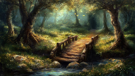A serene forest scene featuring a charming wooden bridge crossing a gentle stream, illuminated by soft sunlight filtering through lush trees. This idyllic landscape invites exploration and peaceful reflection.の素材