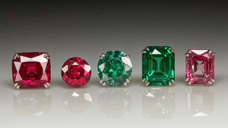 A stunning array of precious gems showcasing red rubies and green emeralds, each meticulously cut to reflect light and enhance their natural beauty.の素材