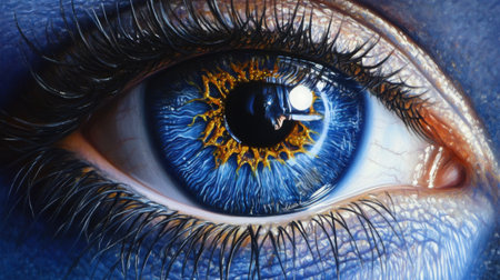 This stunning close-up image showcases a captivating blue eye, featuring intricate details and vibrant golden highlights, symbolizing wonder and mystery.の素材